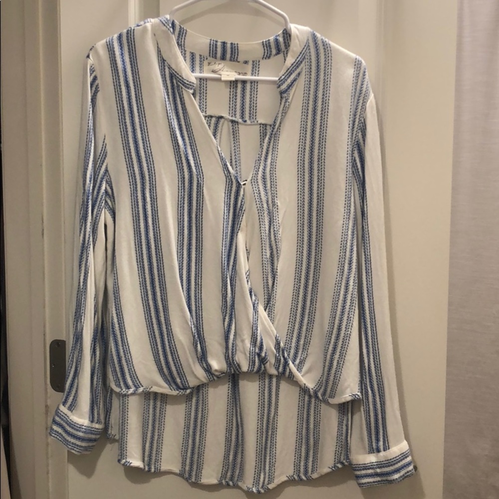 White and blue stripe Surplice Woven Top